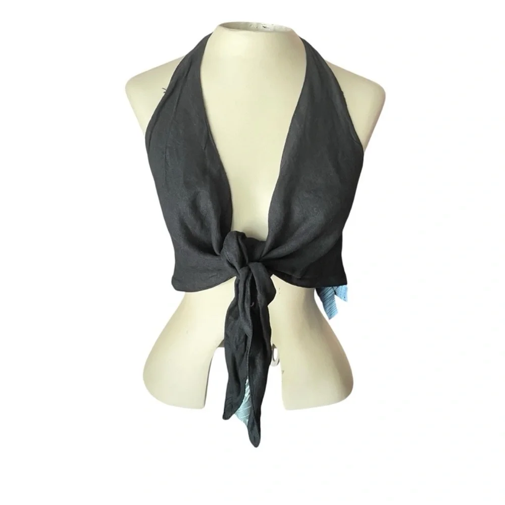 NWT Zara Black Halter Tie-Front Vacation Clean Girl Linen Top - Picture 4 of 7
